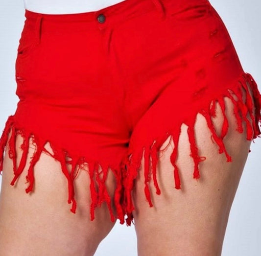 Red High Rise Fringe Denim Shorts(PLUS)